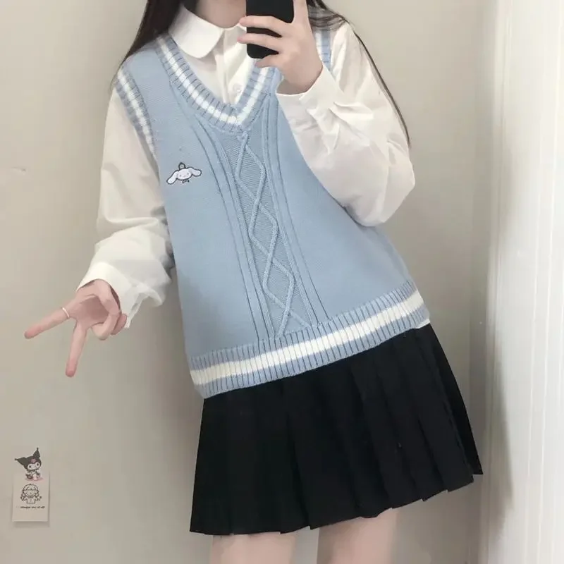 Kawaii بلدي ميلودي سينامورول الخامس الرقبة الحياكة سترة Jk القمم أنيمي كورومي Pompompurin Preppy الخريف طالب الحلو الفتيات سترة #2
