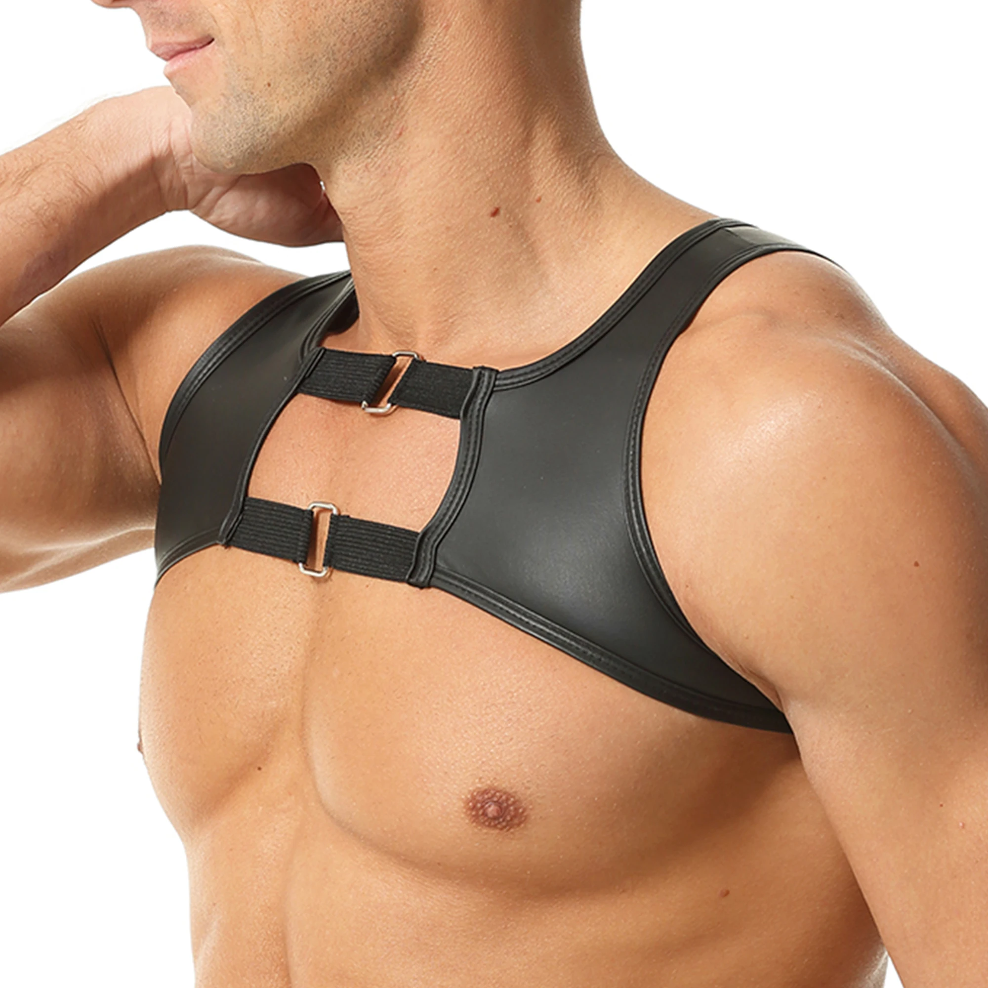 

Sexy Men Crop Tops Chest Harness Belts Faux Leather Erotic Gay Lingerie Mini Vests Nightclub Black Sleeveless Undershirts Tanks
