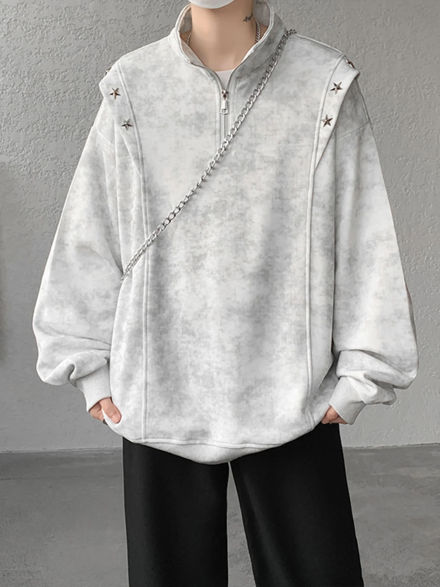 

Men's Fce Lined f Zip Hoodie Thiened Winter Jaet American Sle Dyed Stand Collar Sweatirt Star Rivet Casual Oute...