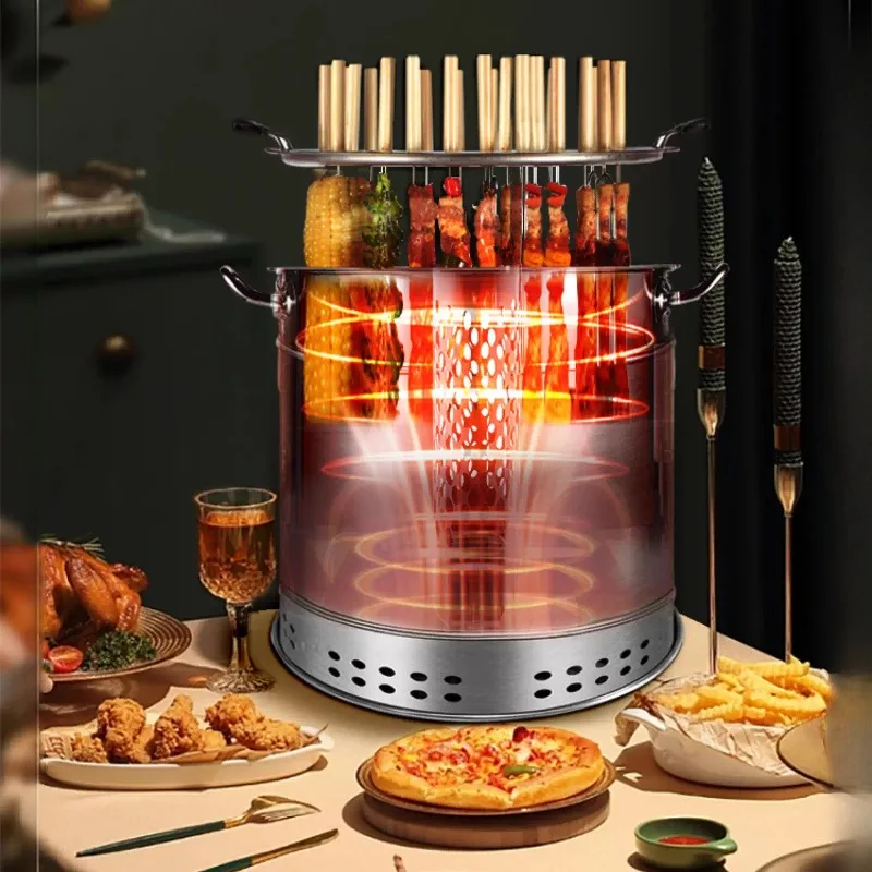 Charcoal BBQ Grill Oven - Stainless Steel Indoor/Outdoor Hanging Roaster Circular Kebab & Meat Smoker Barrel for Home Use 360°