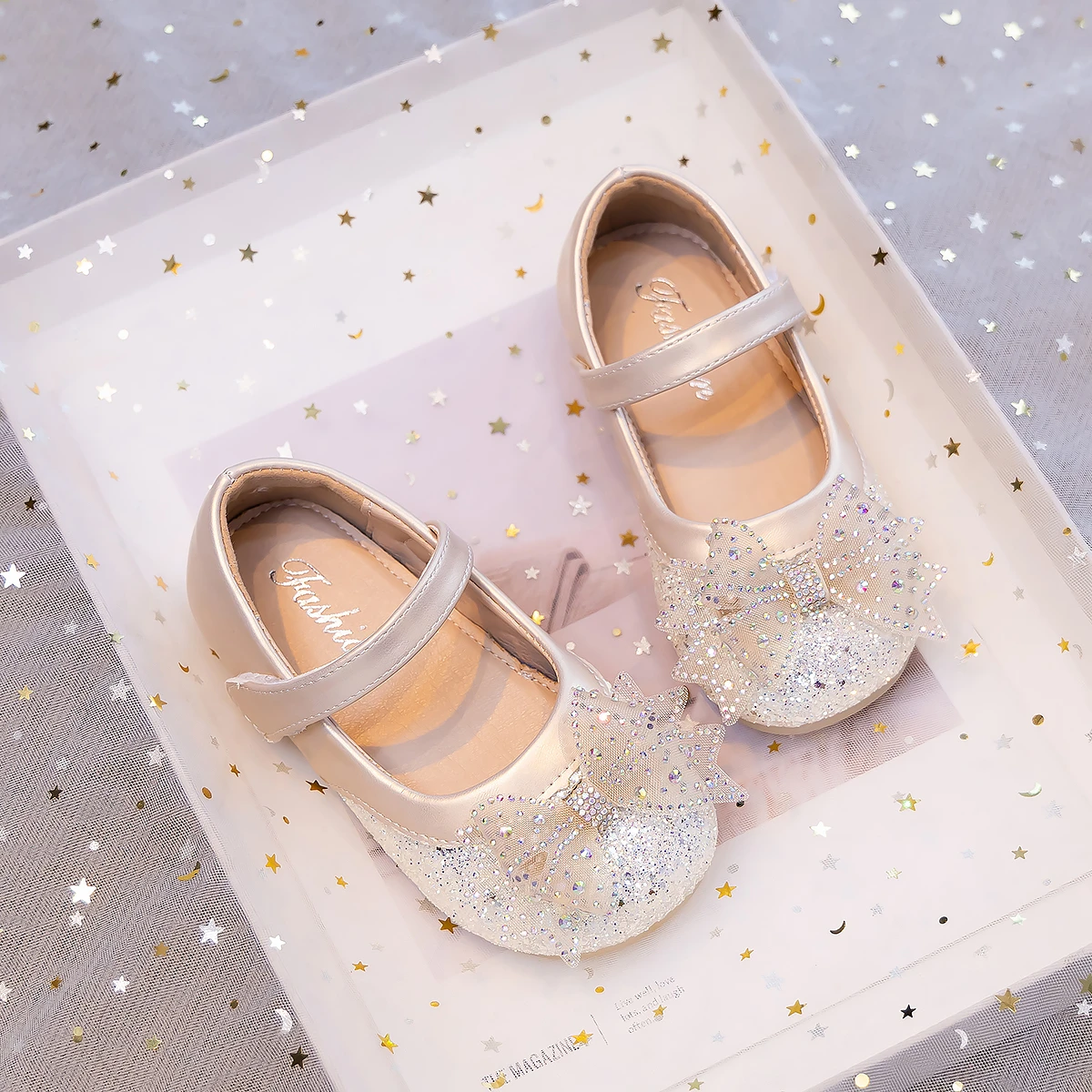 Toddler Girls Sparkly Princess Flat Shoes, Spring Autumn Rhinestone Bow Glitter Dress Shoes Party Shoes for Wedding Birthday