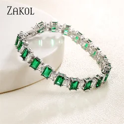 ZAKOL Luxury Green Square Green CZ Bracelets for Women Shinny Colorful Crystal Charm Bracelet Party Wedding Jewelry