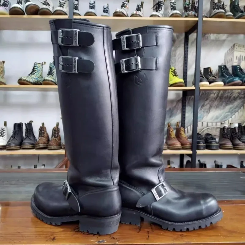 Black Long Motorcycle Boots Men's Leather Belt Buckle Decor Knight Boots Thick Heels Workwear Long Boots Super Cool Boots view 3