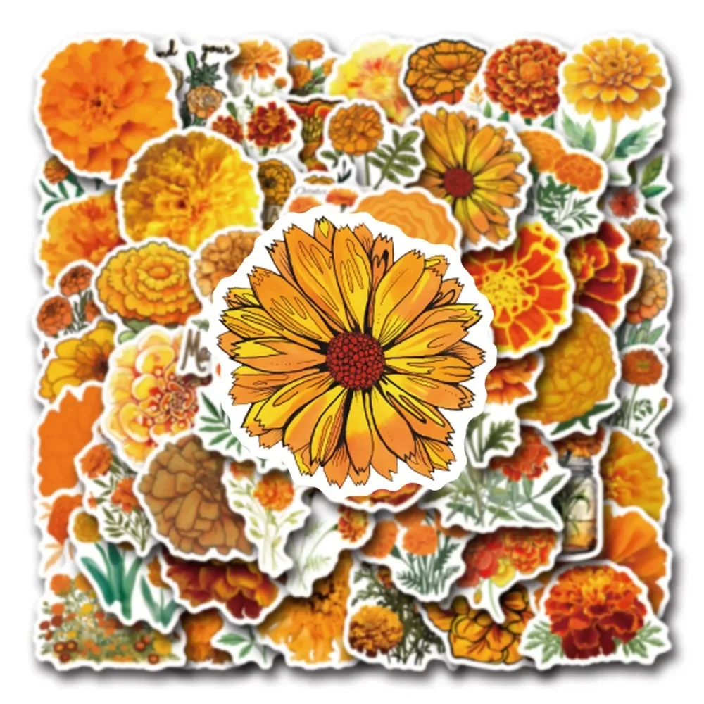 10/55Pcs Cartoon Plant Yellow Flower Marigold Chrysanthemum Aesthetic Stickers DIY Scrapbook Luggage Laptop Phone Guitar Decor