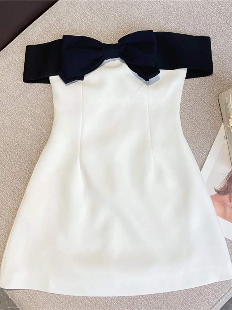 2023 Summer New Collection Sleeveless Black Bow Strapless High Waist White  Slim Short Dress Women Sexy Club Prom Vestidos Za