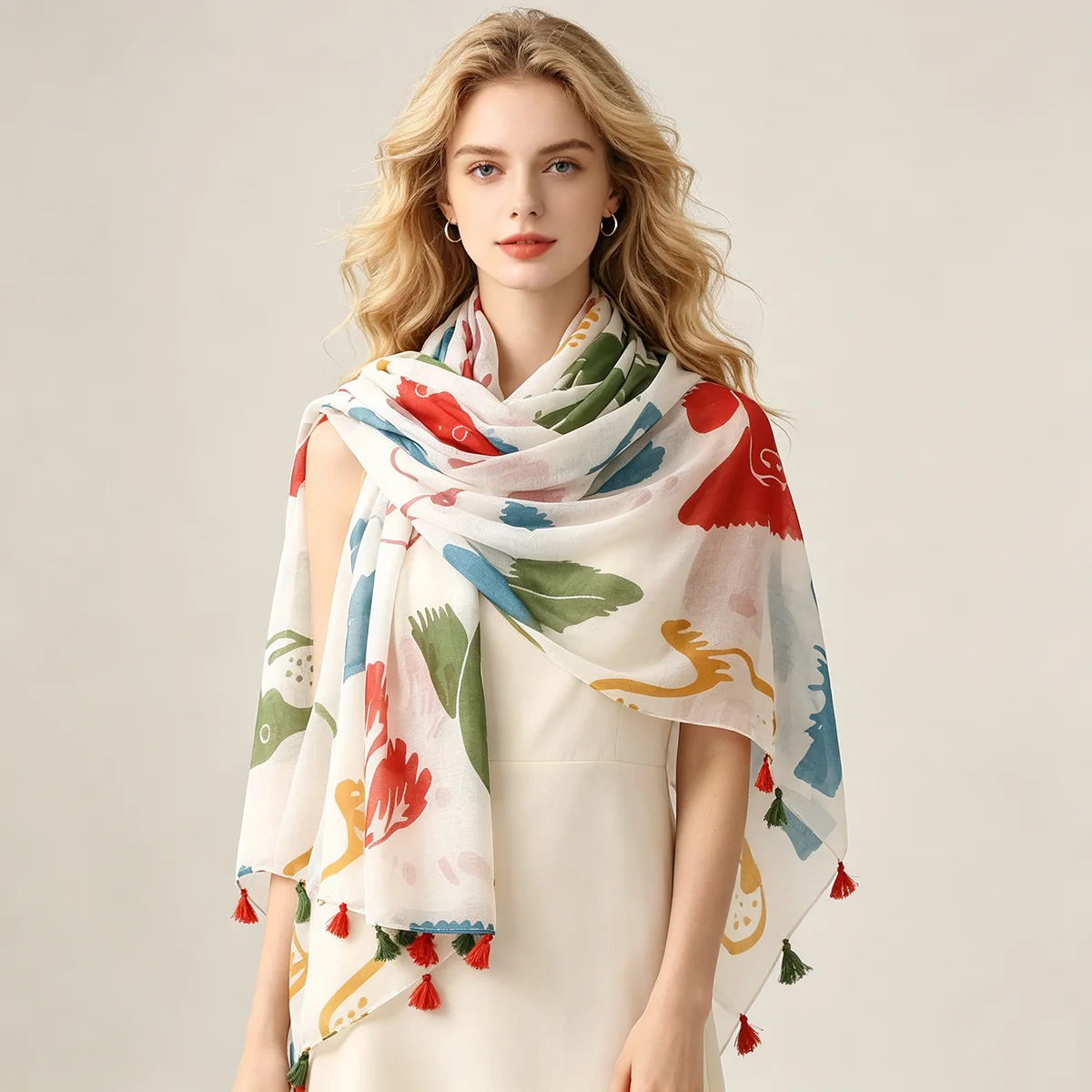 Women Abstract Cartoon Animal Print Tassel Scarf Lightweight Art Pattern Fashion Casual Shawl Wrap Scarves 88x180cm