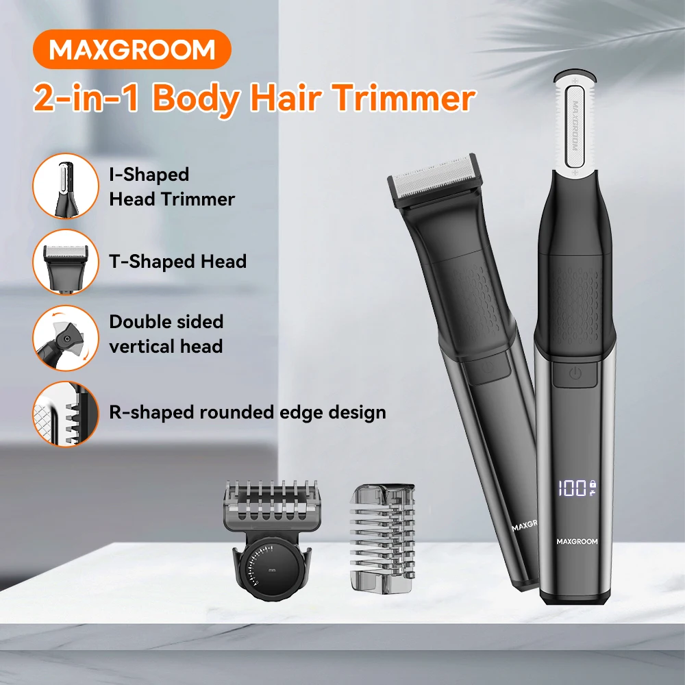 MAXGROOM 2 in 1 Men Bidirectional Body Hair Trimmer Electric Shaver IPX6 Waterproof Double-edged Razor Whole Body Hair Trimmer