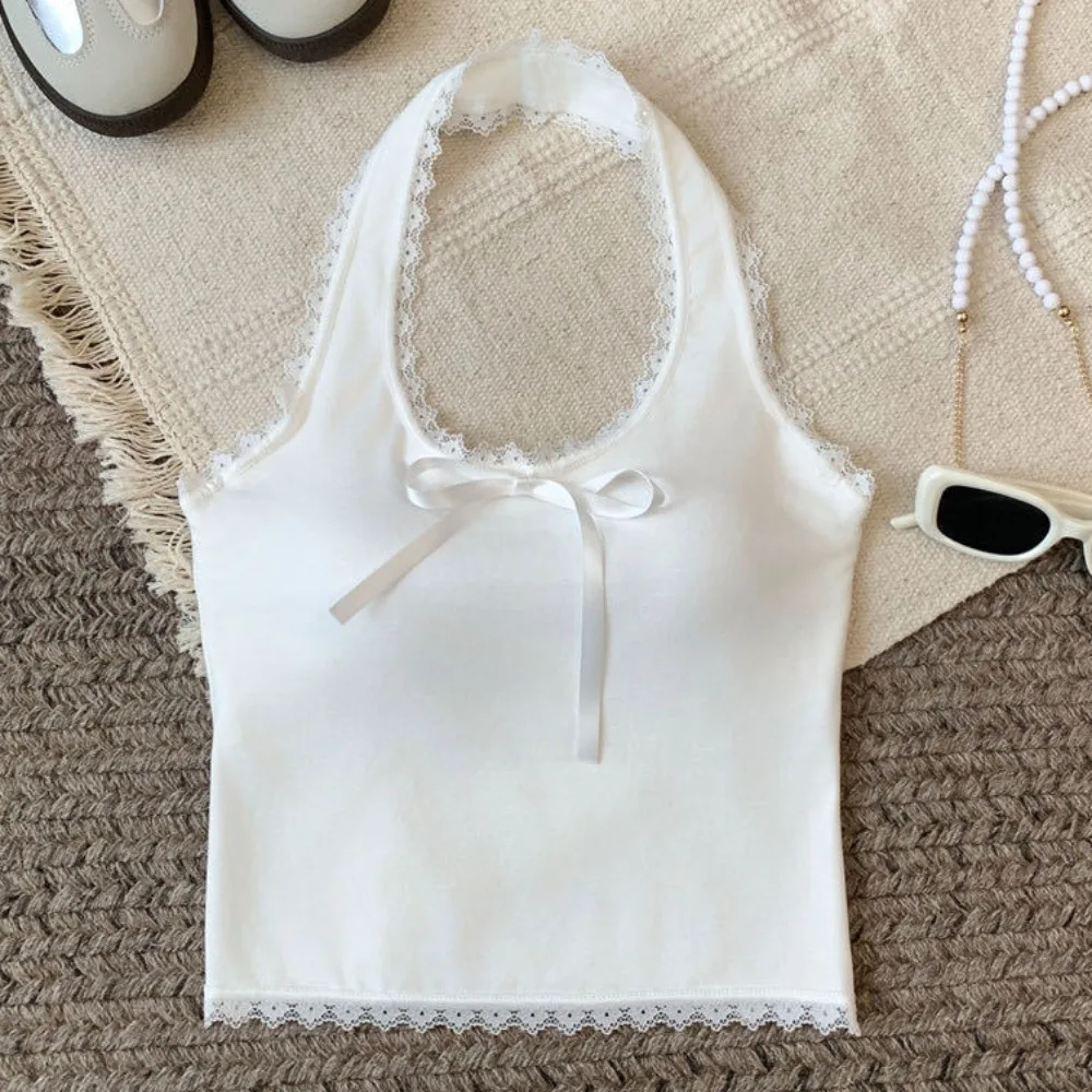 Pure Desire French Style Camisole Top Bow Detail Sleeveless Design Backless Halter Top Lace Patchwork Comfortable