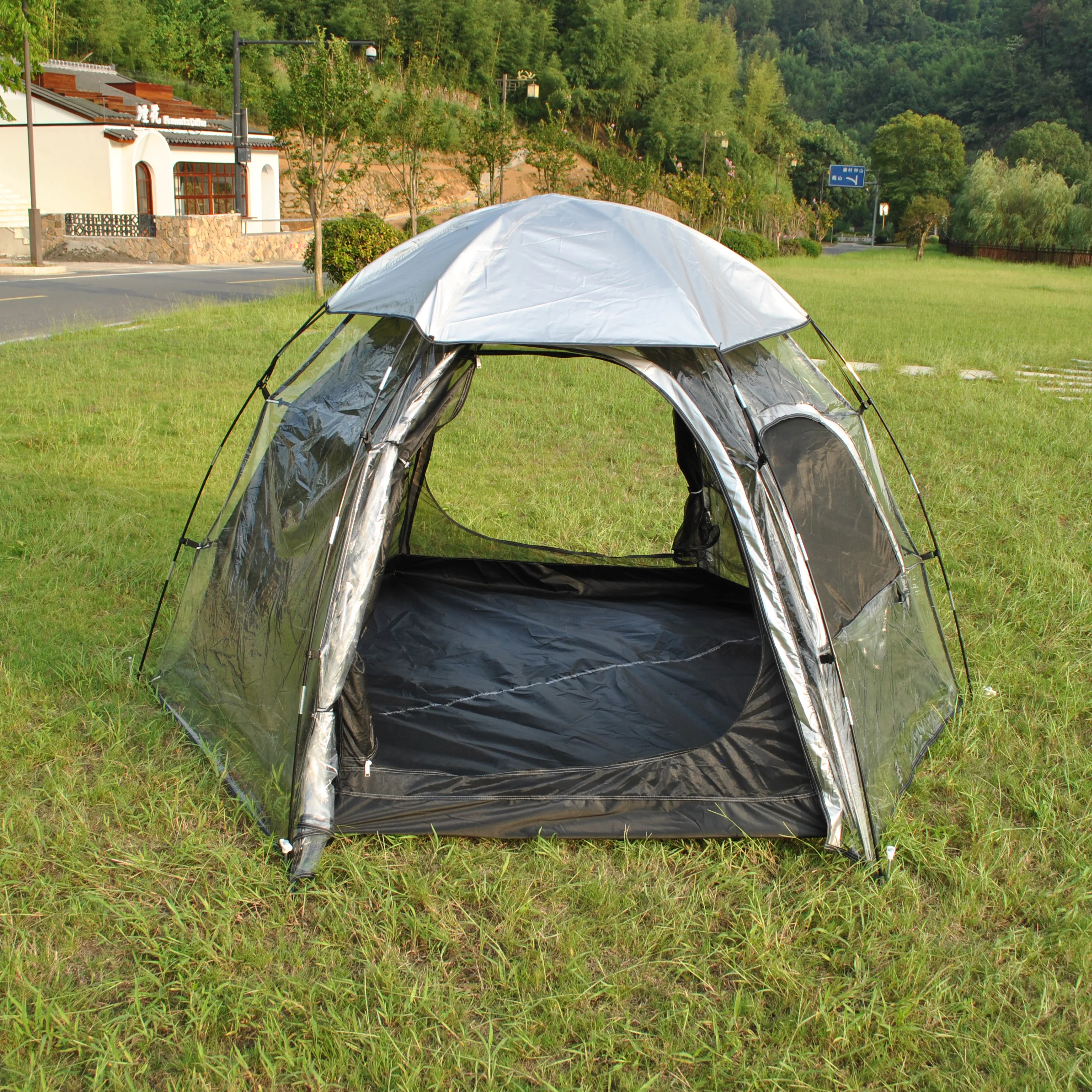 Tienda de campaña Glamping de doble capa para 5 personas, cubierta impermeable transparente para deportes de PVC para tomar el sol con ventana de malla interior para casa de burbujas