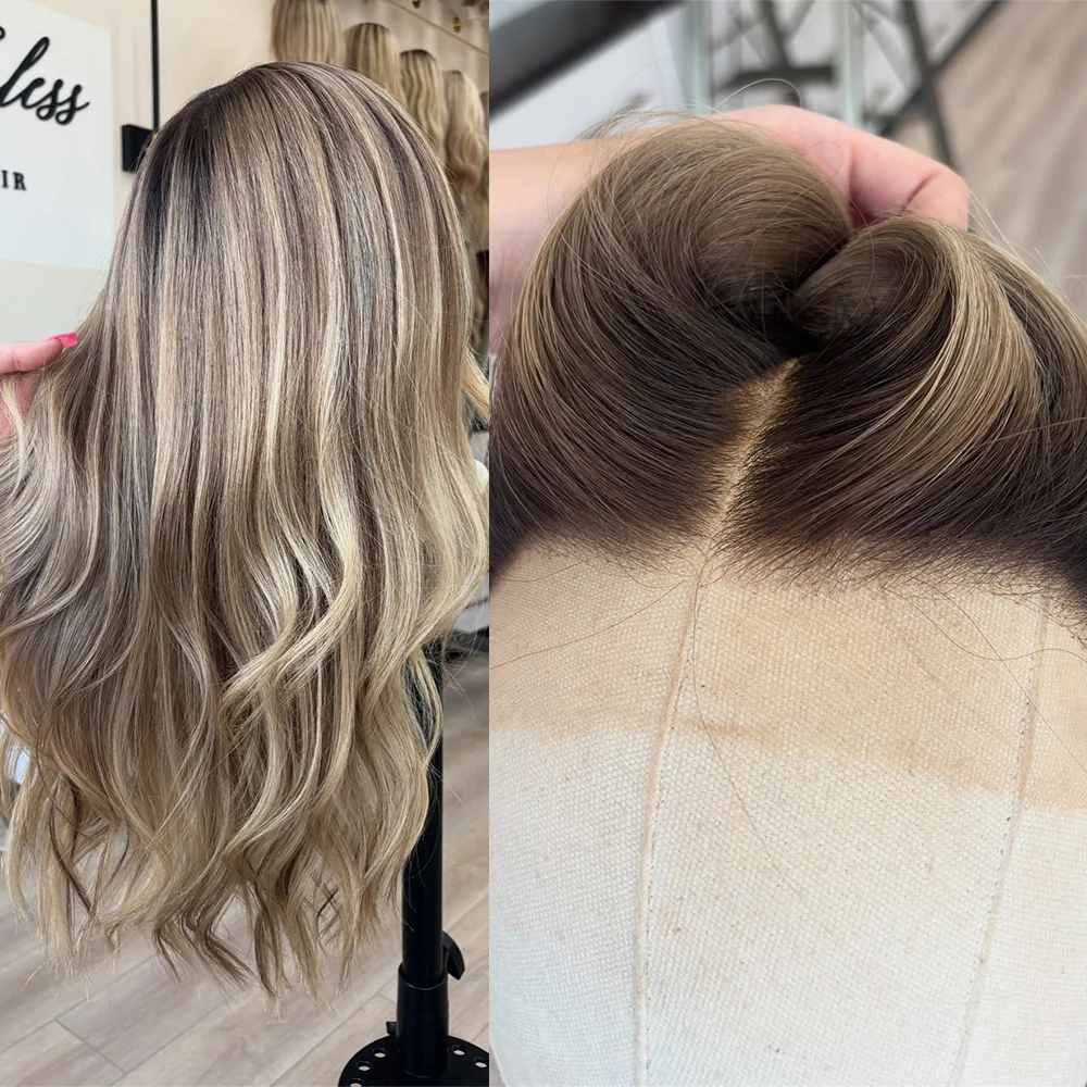 

Выделите Пепельно-коричневый с темным корнем Прямой парик Синтетические парики фронта шнурка Ombre Пепельно-русый Предварительно выщипанные цветные парики для женщин