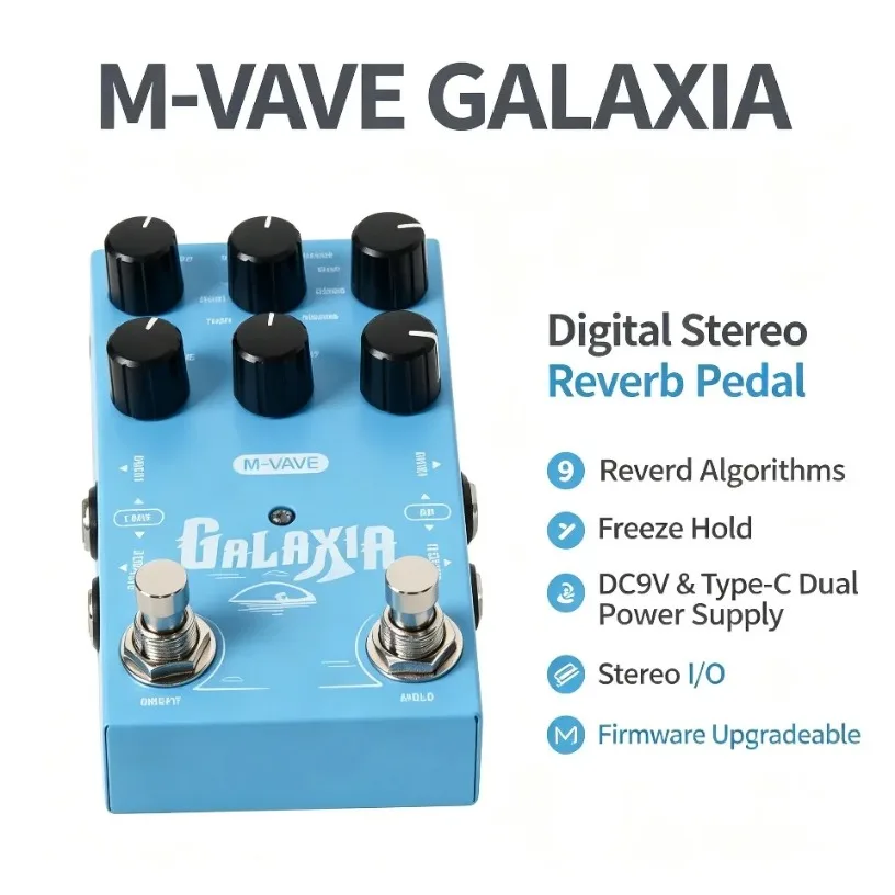 Pédale d'effets de réverbération stéréo M-VAVE Galaxia True Stereo, 9 algorithmes, fonction Freeze, double alimentation USB-C et DC, pour guitare, basse, synth, voix
