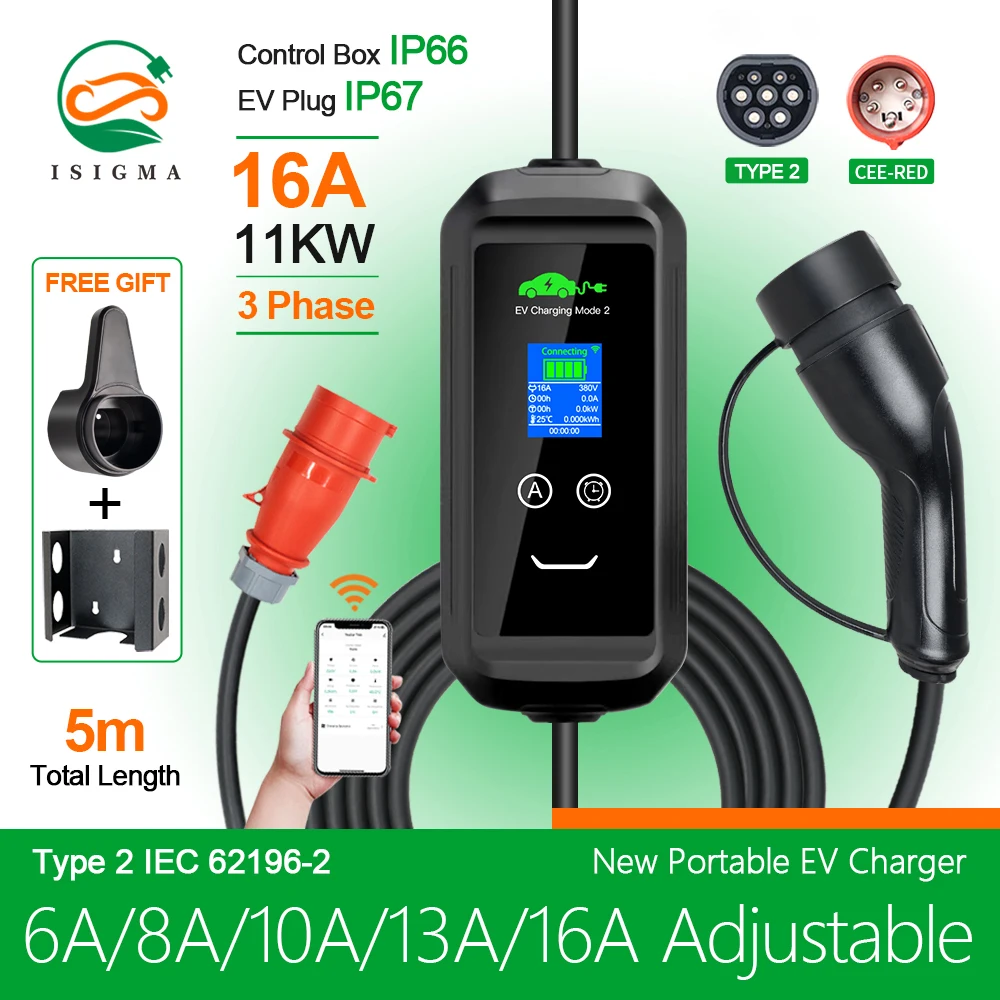 Isigma 16A 3P 11kw Portable EV Charger Type2 IEC62196-2 Tuya APP EVSE Charging For Eletric Vehicle Hybrid Cars 5M Cable