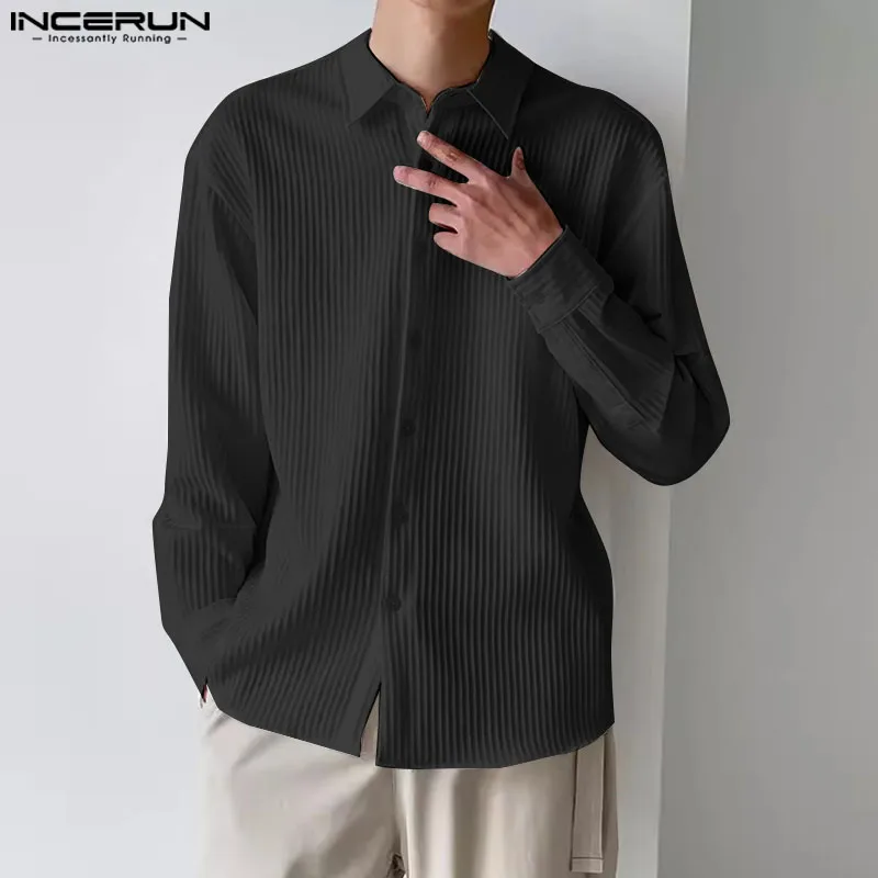 Fashion Summer New Men's Clothing Tops INCERUN 2024 Simple Striped Shirts Casual Streetwear Male Solid Long Sleeved Blouse S-5XL