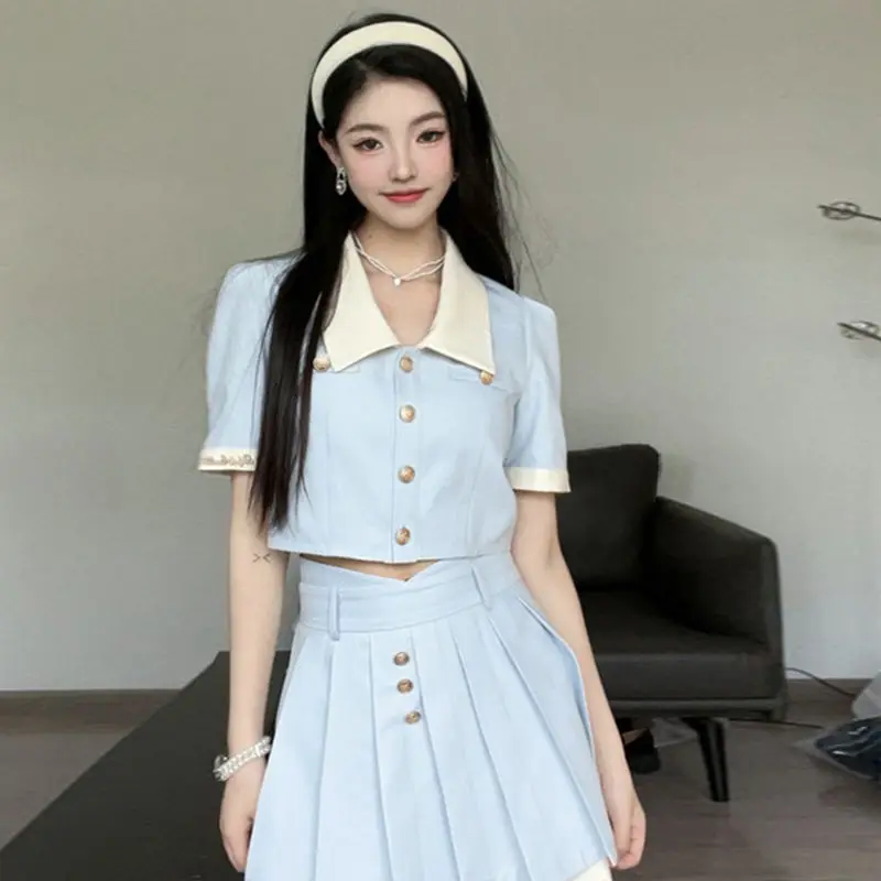 Suit Short Shirts High Waist Pleated Skirt Clothes Preppy Style 2024 Women'S Summer Two Piece Set Blue Polo Tops Skirt