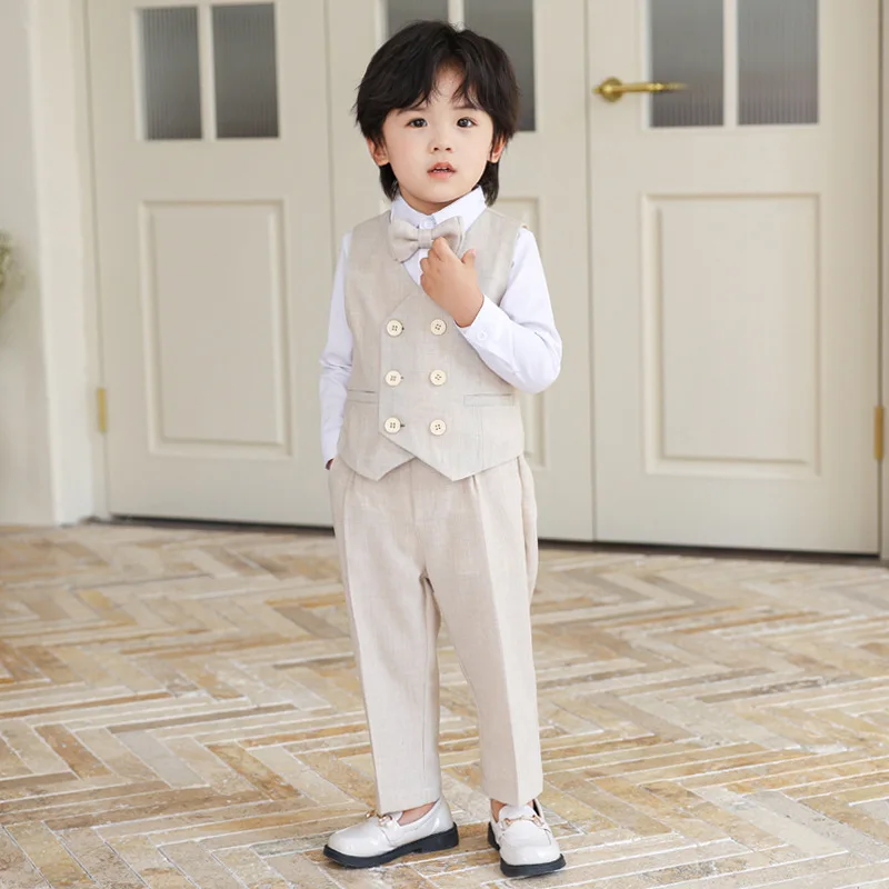 

School Boys Vest Shirt Pants Bowtie Photograph Suit Children Wedding Dress Kids Kindergarten Performance School Uniform Costume