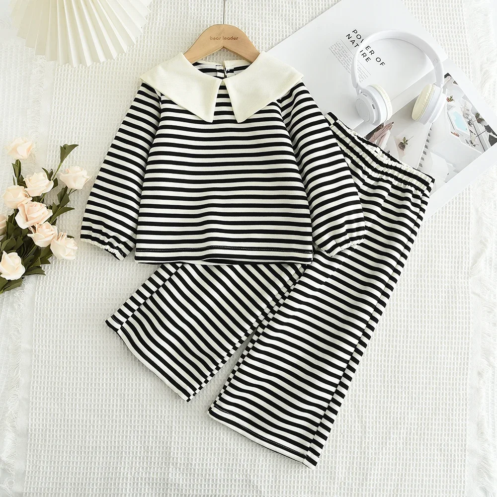 2026 New Spring and Autumn Striped Printed Girls' Clothing Korean Version Long Sleeved Lapel Top + Pants Kids' Sets and Outfits
