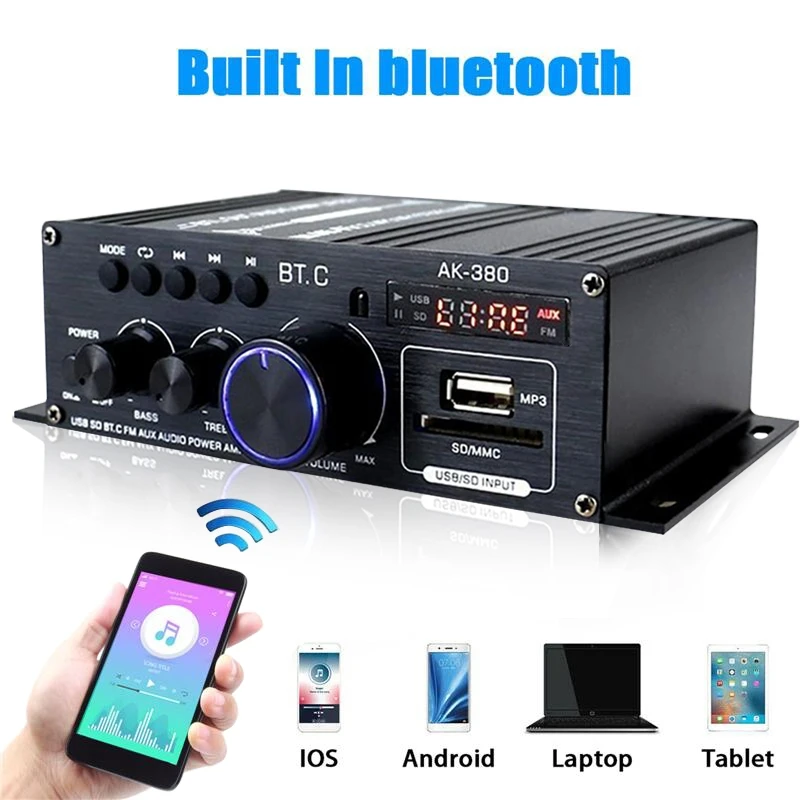 AK380 AK370 400W*2 Amplifier Audio Karaoke Home Theater Amplifier 2 Channel bluetooth Class D Amplifier USB/SD AUX Input