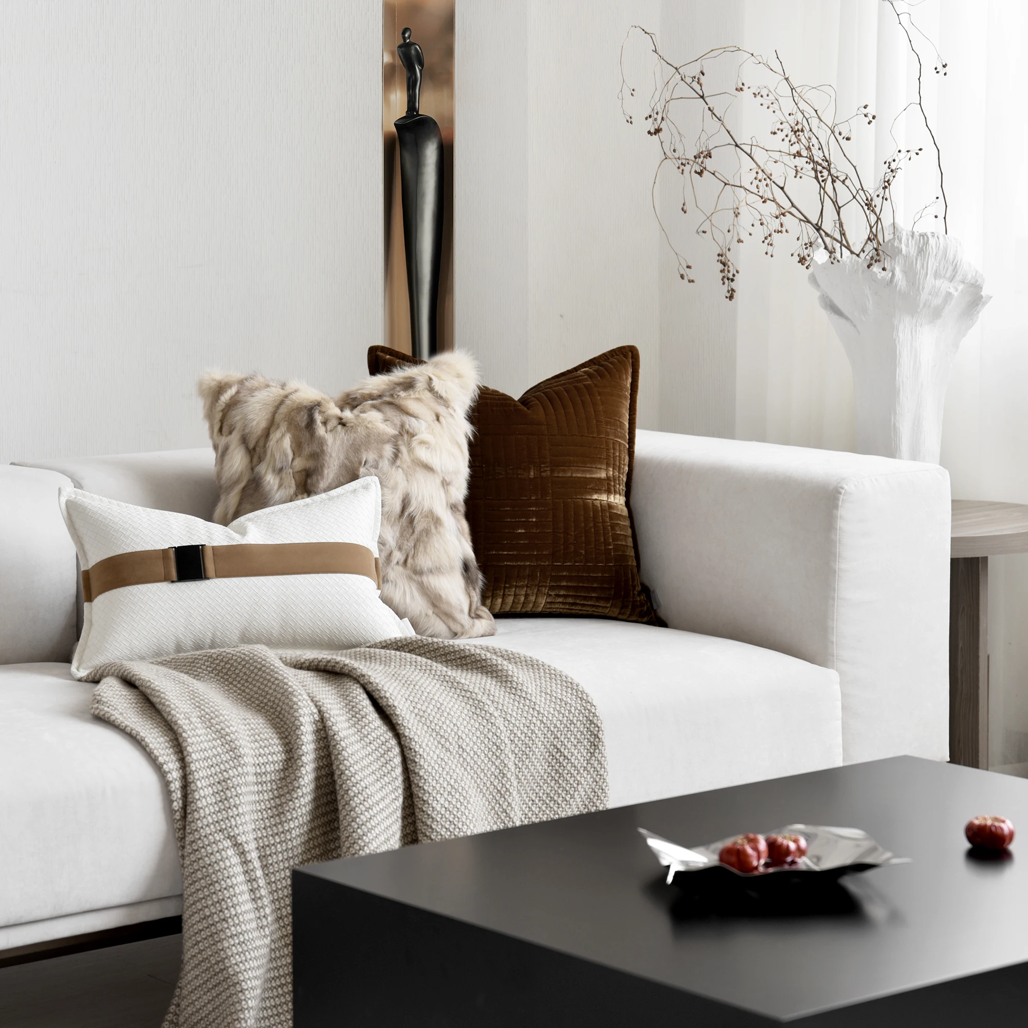 Hotel Villas Woven Velvet Luxury-inspired Showroom Sophisticated Beige Orange Brown Cushions Sales Office Sofas Living Room