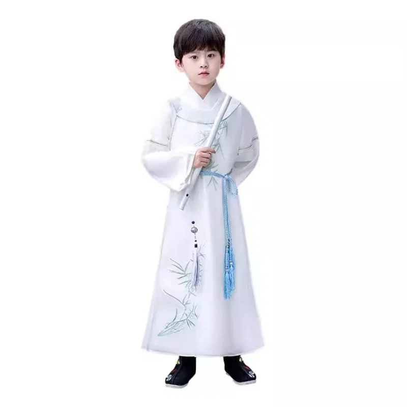 Classical Chinese Style Clothing Bamboo Leaf Embroidery Costume Retro Elegant Long Gown Festival Performance Attire for Boys