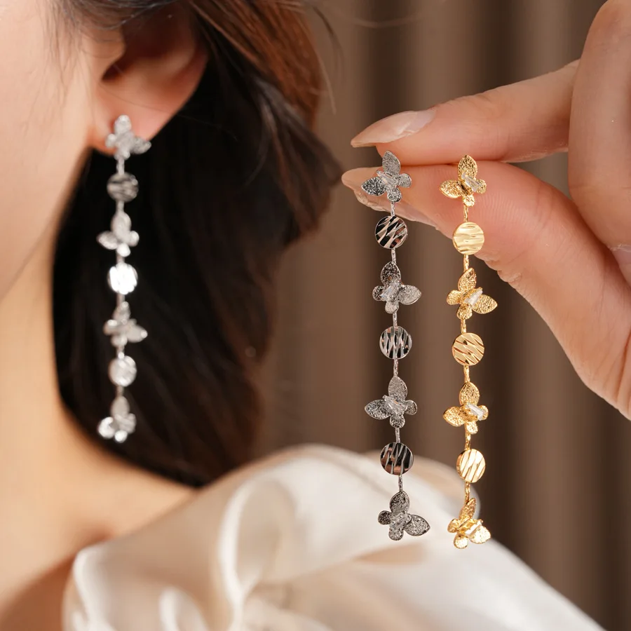 

18kgold Plated Butterfly Drop Earrings for Women Shiny Zircon Pleated Round Dangle Earrings Tassel Ear Drops Party Jewelry New