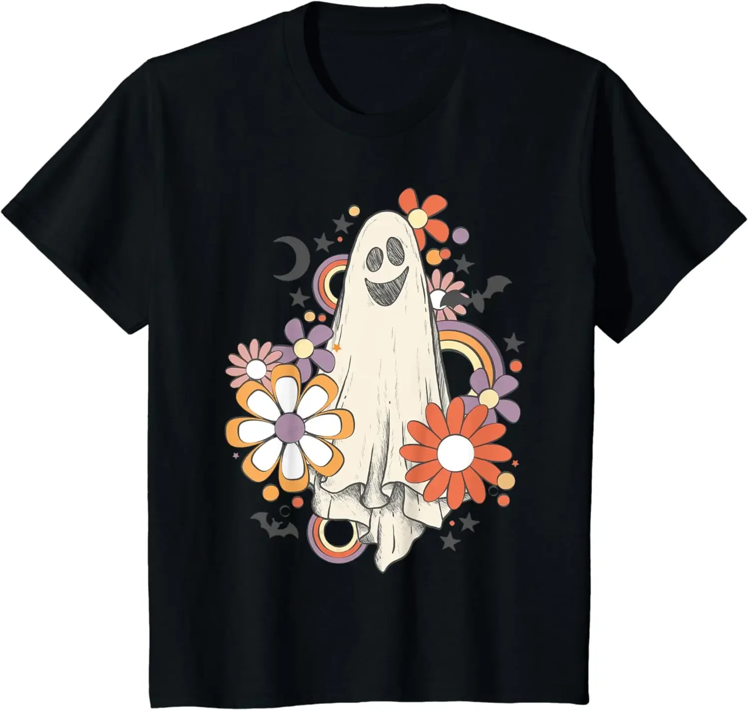 Groovy Vintage Floral Ghost Cute Halloween Spooky Season T-Shirt Funny Cartoon TShirt ONeck Casual Unisex Black White Fashion