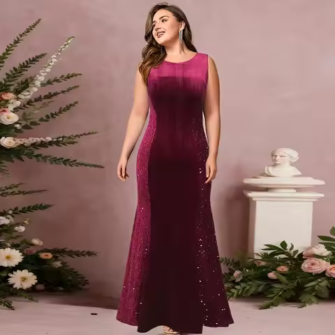 Women Plus Size Evening Dress Sleeve Sequined Velvet Patchwork Round Neck Floor-Length Slim Mermaid Dress for Women Party Club