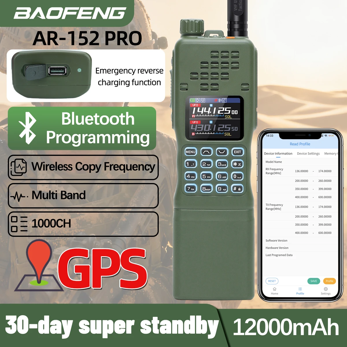 Baofeng AR-152 PRO GPS CS Tactical Walkie Talkie Power Bank Function Tri-Power Long Range APP Programming Two Way Radio
