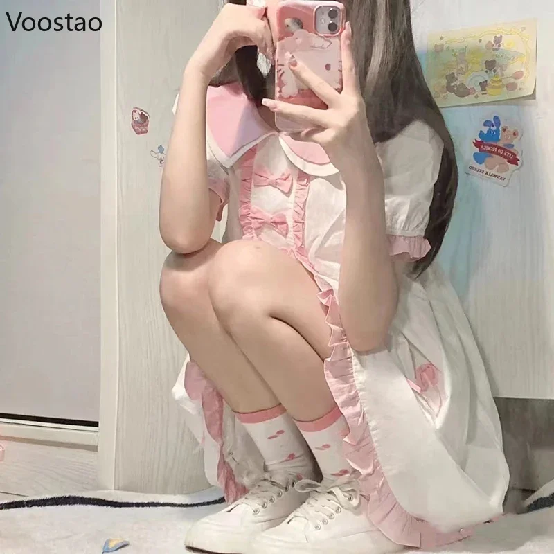 Kawaii Lolita Dress Women Japanese Cute Pink Bow Short Sleeve Dresses Sweet Girls Student Casual Y2K Summer Party Mini Dress