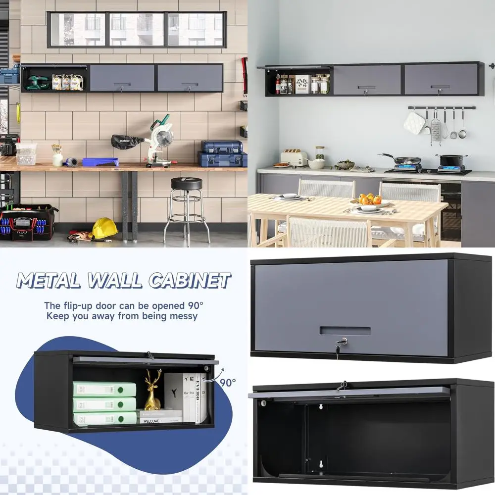 

Black Grey Wall-Mounted Storage Cabinet with Up-lip Door for Garage, Warehouse, Home, or Office, Assembly Required