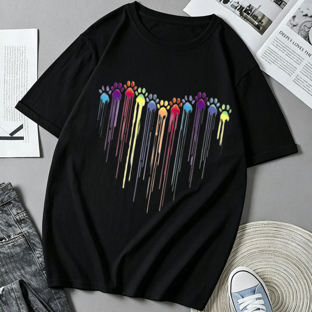 Rainbow Dripping Paw Print T Shirt Men Women Colorful Pet Paw Graphic Tee Casual Short Sleeve Tops Aesthetic Dog Cat Paw Art