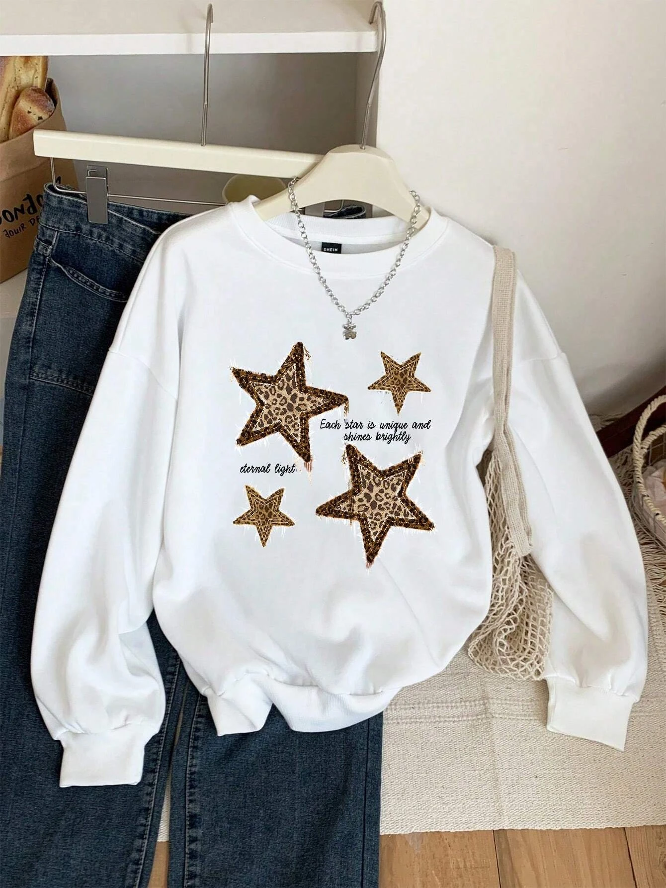 

Leopard Print And Star Pattern Womens Sweatshirts Fleece Autumn Long Sleeve Fashion Oversized Pullovers Casual Crewneck Clothing