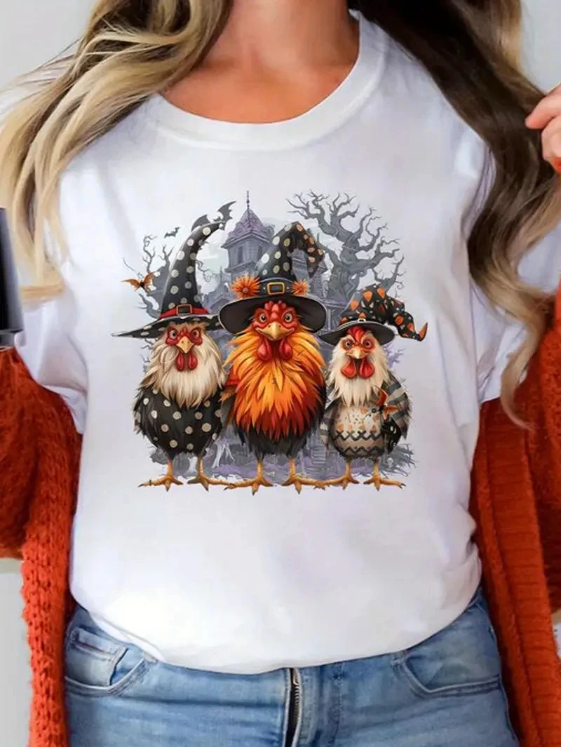 Plus Size Women'S Anime Graphic T-Shirt - Cute Witch & Chicken Design, Soft Breathable Everyday Shirt for Casual Outfits