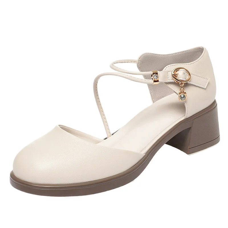 4.5cm All Match Spring Summer Round Head Med Block Heels Shoes 2026 Bandage Soft Leather Shoes Platform for Office Mom - view 5