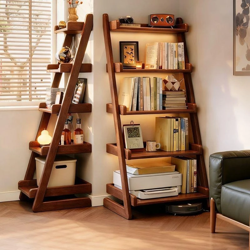 Solid wood bookshelf floor shelf household living room trapezoidal storage integrated against the wall