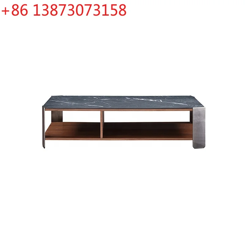 

High-end square black sintered stone walnut coffee table with metal legs