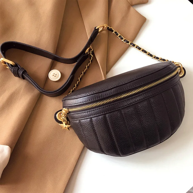 Genuine Leather Women Soft Chain Belt Bag Zipper Fanny Packs High Quality