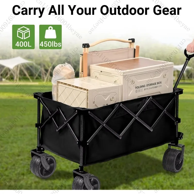 400L Heavy Duty Black Folding Wagon Cart 450LBS Capacity All-Terrain Beach Cart Featuring Big Wheels Drink Holders Push/Pull