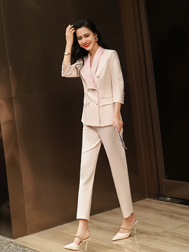 

Профессиональный женский костюм с рукавом три четверти, весенне-осенний комплект из девяти предметов, брюки, формальный костюм для ведущих, розовый цвет