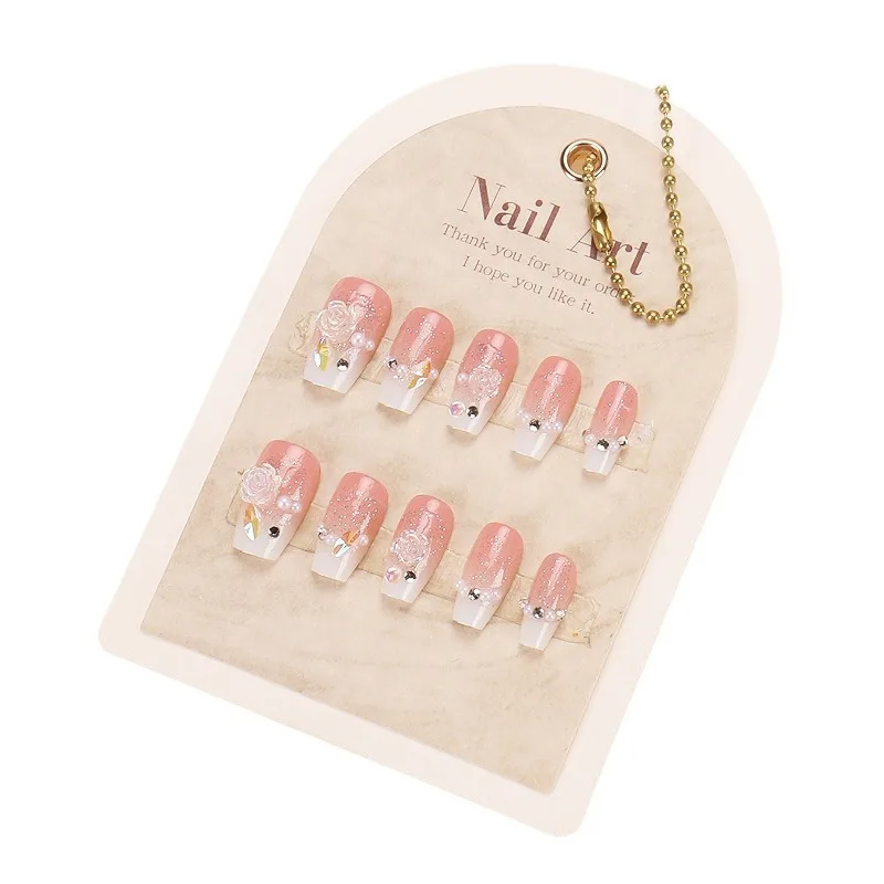 

Wear nail short gradual change glitter handmade nail piece flower rhinestone pearl fake nail piece