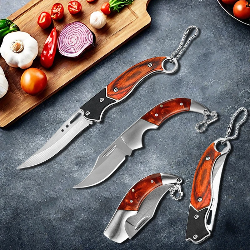 Stainless Steel Folding Knife Kitchen Utility Knife Portable Key Chain Pocket Knife Barbecue Cutting Fishing Unpacking Tools