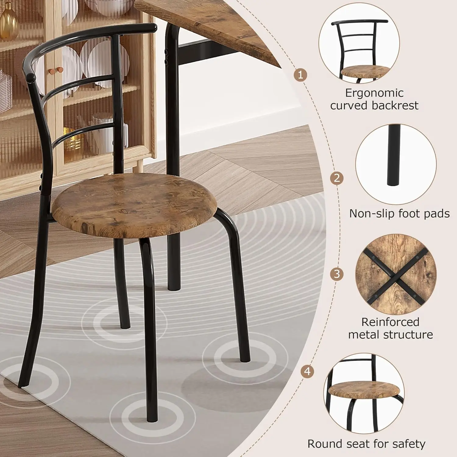 Vecelo 3 Piece Dining Table & Chairs Set For 2, Metal And Wooden Square Kitchen Dinette Set For Small Space, Breakfast Nook,