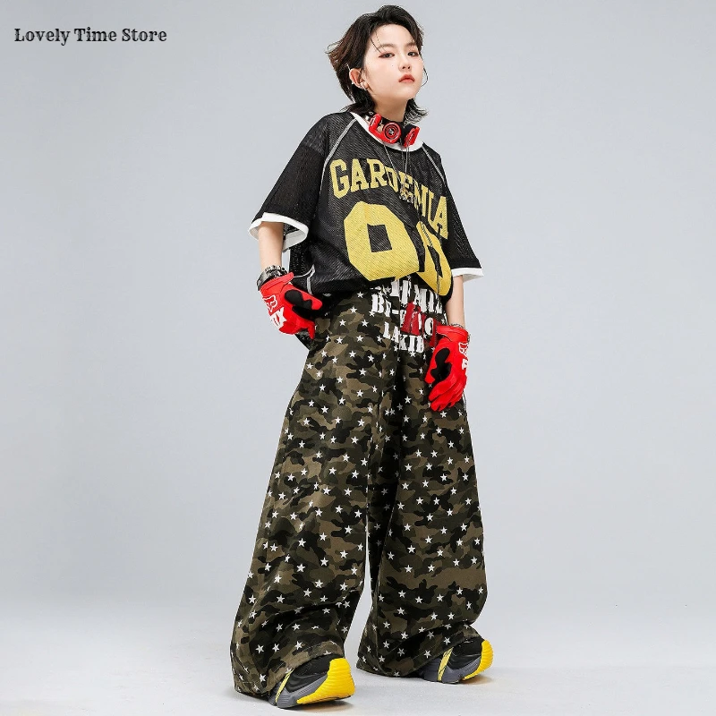 Boys Hip Hop Mesh T-shirt ‌pentagram‌ Camouflage Pants Girls K-pop Street Dance Costumes Child Streetwear Kids Jazz Clothes Sets
