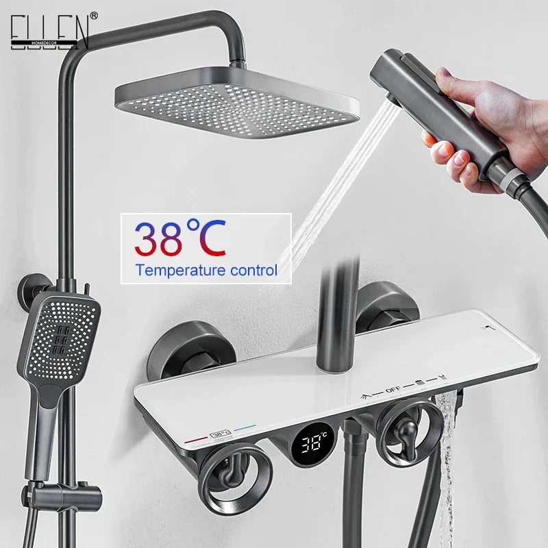 

Shower Faucets Sets Digital Display Rainfall Systems with Spray Thermostat Tap Shelf EL9410