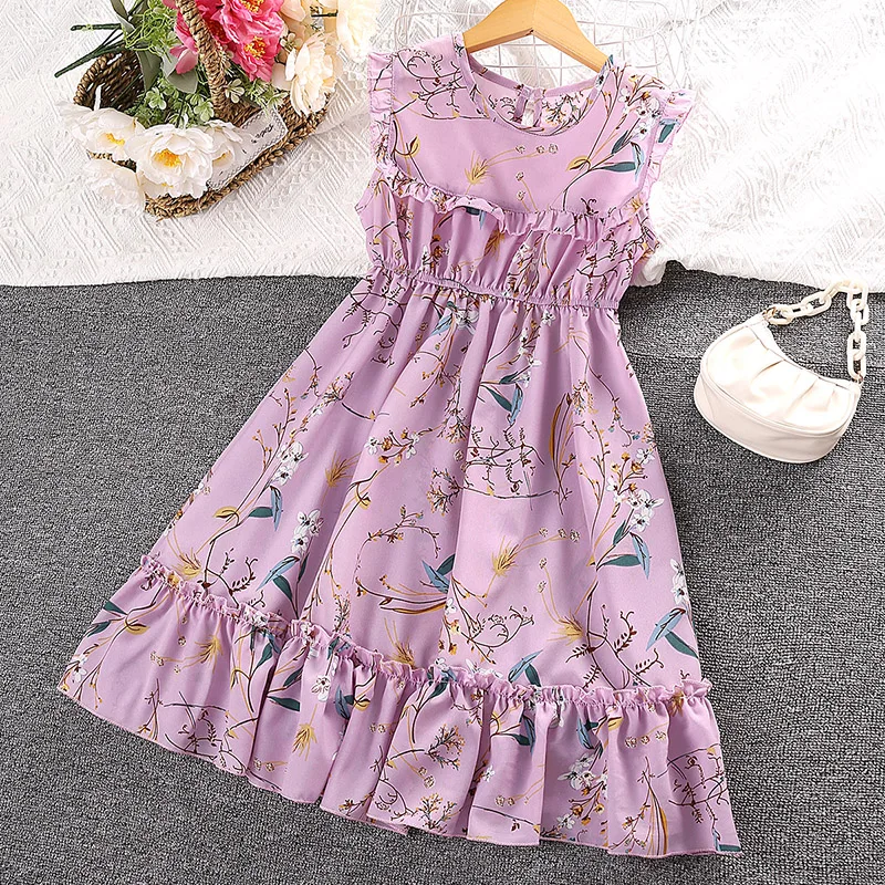 Dress Kids Girls 5-12 Years Blue Green Purple Sleeveless Floral Dress For Girls Elegant Vacation Holiday Party Dress