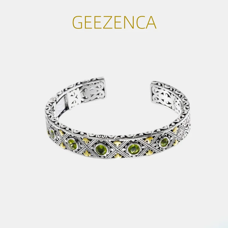 GEEZENCA 925 Sterling Silver Natural Peridot Bangle For Women Engraved Pattern Ethnic Vintage Court Luxurious Bracelet 2023 Gift