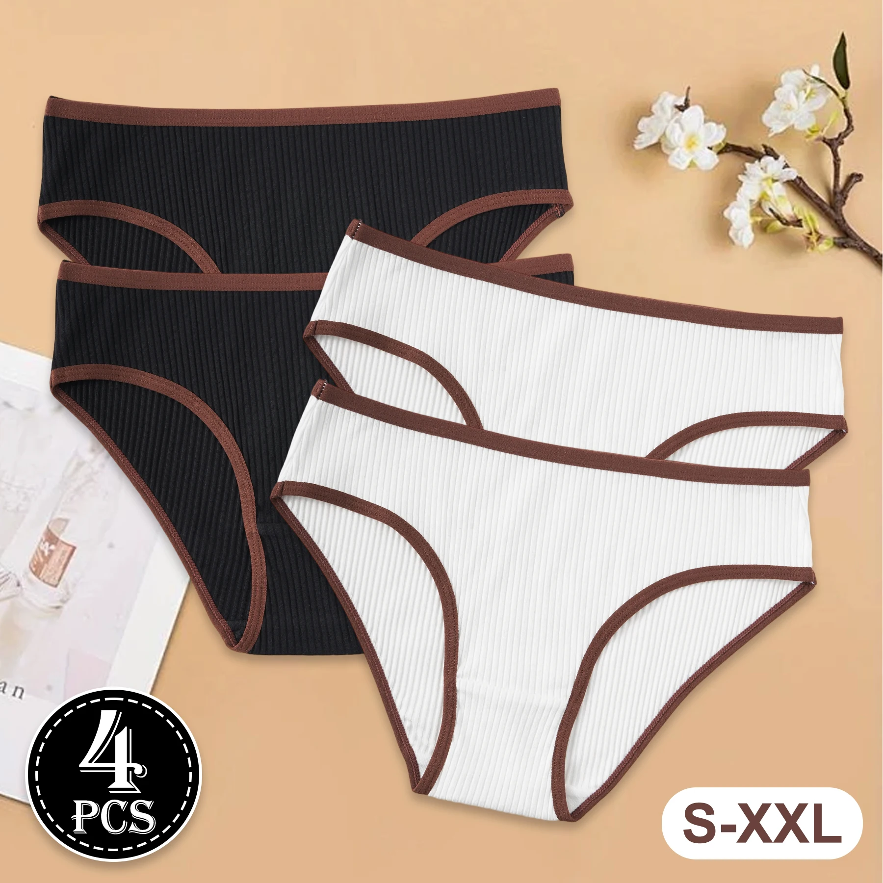4PCS Simple Women's Cotton Underwear Low Waist Ribbed Briefs Girls Breathable Skin-Friendly Panties Suitable for All Occasions