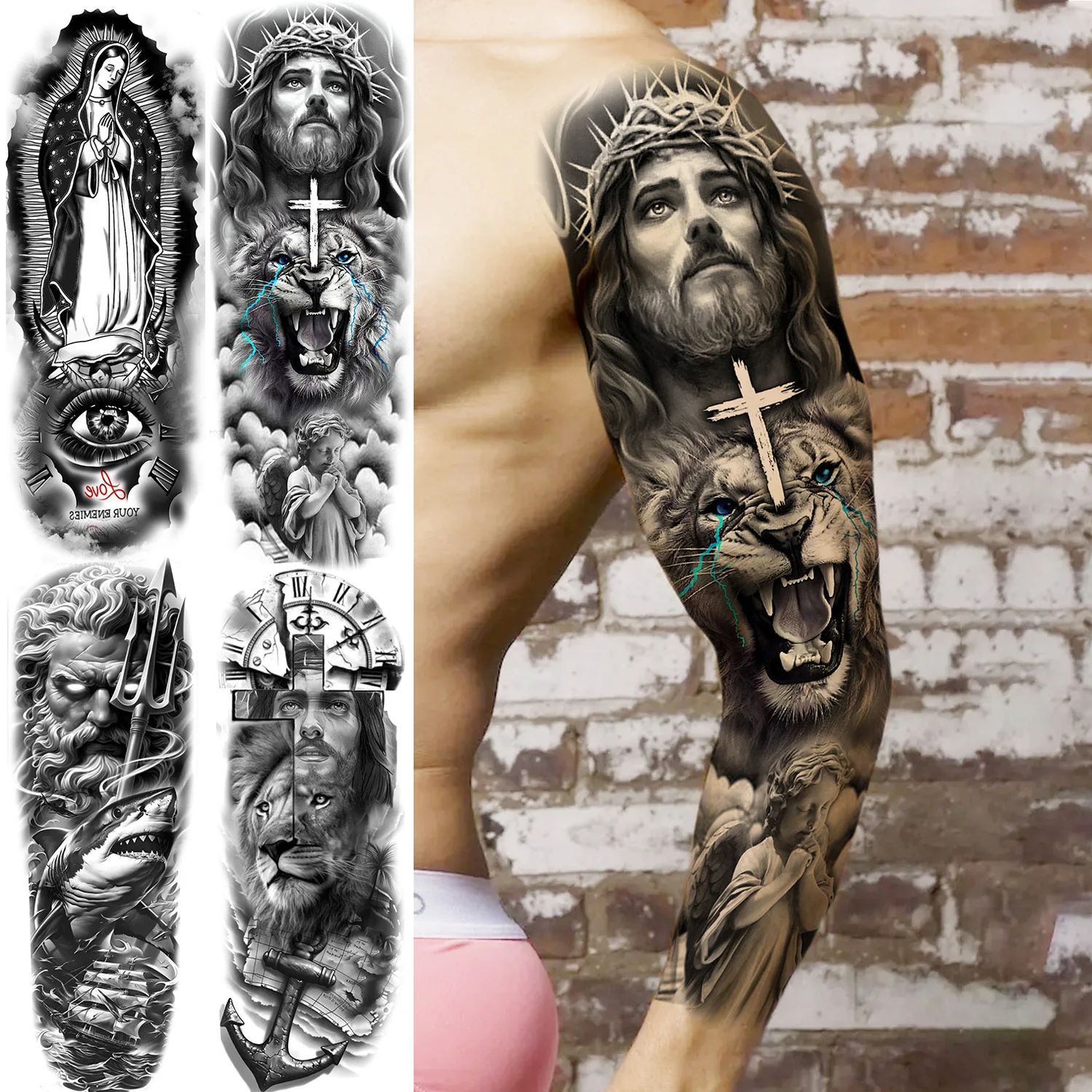 

1 Sheet Full Arm Jesus Holy Mother Pray Temporary Tattoo Sleeve Waterproof Realistic Fake Tattoo Sticker For Men Women Tatoos