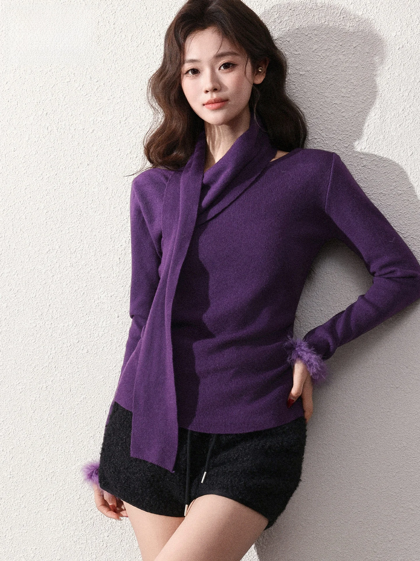 

Purple Elegantly Draped Sleeve Knitted Sweater Women's 2026 New Summer Slimming Design Inner Wear Top Casual Style Knitted Lo...
