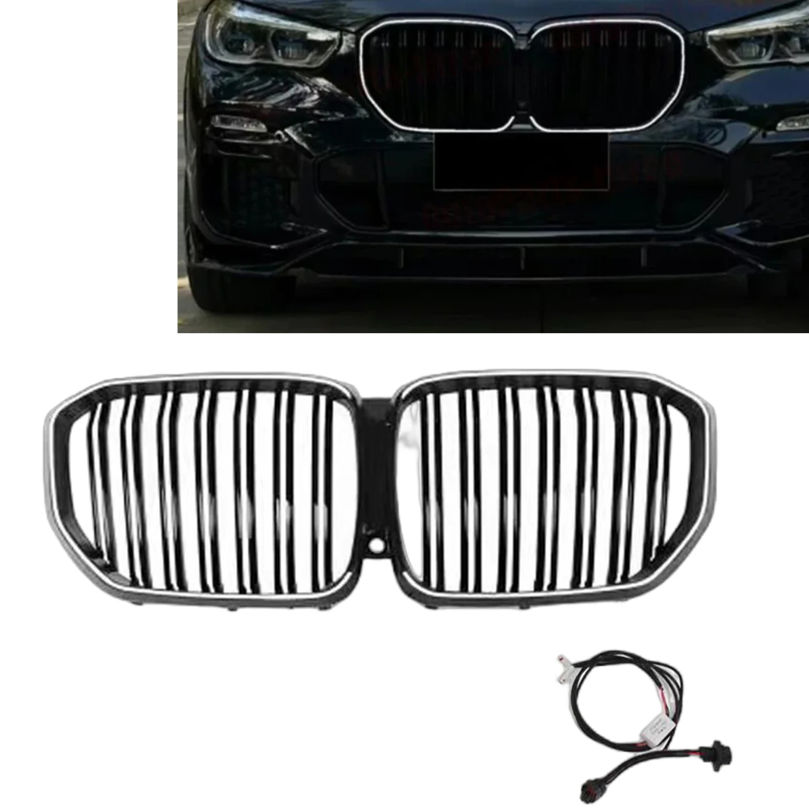 

Front Kidney Grille Racing Grill With LED Light For BMW X5 X5M G05 2019-2023 Black Upper Bumper Hood Mesh Grid