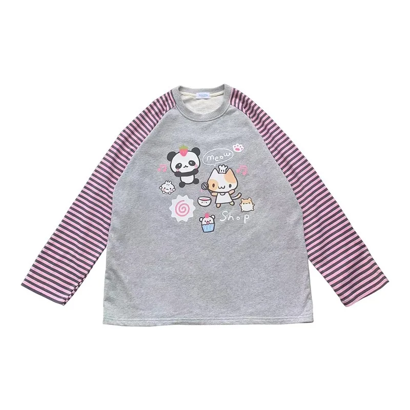 Grey Pink Striped Panda Print Long Sleeve Shirts Y2k Cartoon Japanese Harajuku Kawaii Loose Hoodie Women Spring New Tees